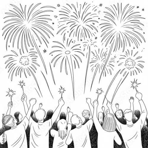 Joyful crowd cheers underneath a spectacular display of fireworks illuminating the night sky