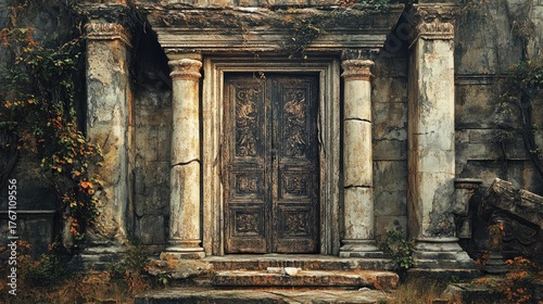 A large stone door with a wooden frame