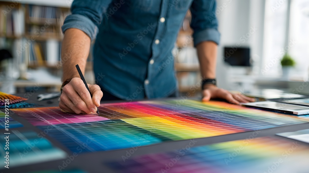 Obraz premium Person utilizing a detailed color swatch guide for visual work and creative selection