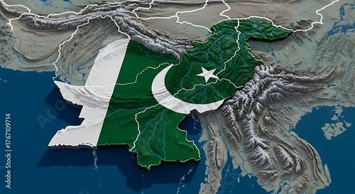 Pakistan Map and Flag 3D Render Over World Map, Physical Map of Earth, South Asia Country