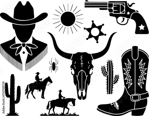 Classic western cowboy elements collection silhouette icons representing american frontier spirit vector