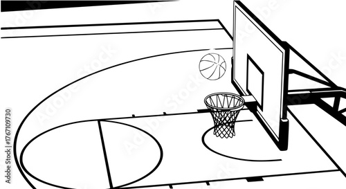 Vector of a basketball court with basket and ball highlighted