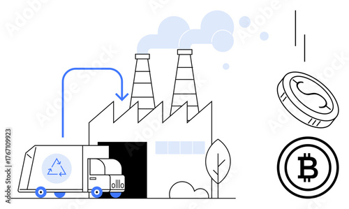 Recycling truck delivers waste to factory with smoke stacks, represented by Bitcoin and coin icons. Ideal for green economy, blockchain, sustainability, energy, waste management, eco-business, clean
