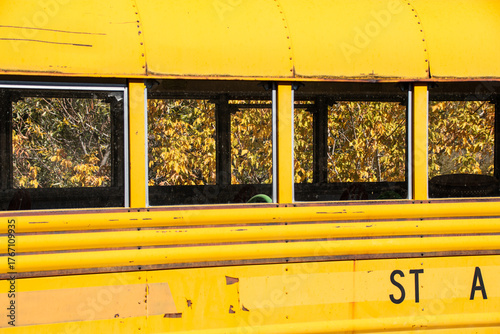 An abstract view of the windows in the side of an abandoned yellow school bus.