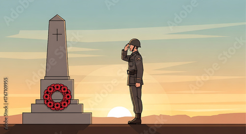 Remembrance Day Soldier Saluting War Memorial with Poppy Wreath