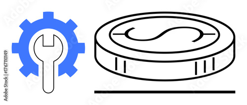 Gear with wrench beside a coin, blending money and tools for improvement. Ideal for finance, engineering, optimization, economy, mechanics, innovation strategy. Simple flat metaphor