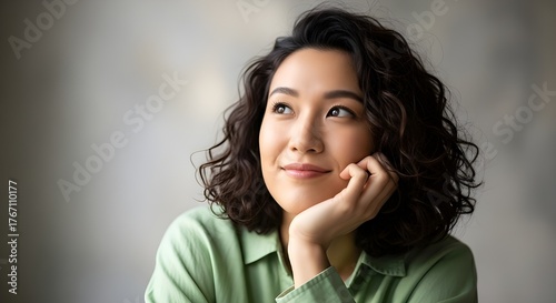 A thoughtful Asian woman with curly hair smiles softly while resting her chin on her hand, symbolizing imagination, curiosity, and calm thinking.