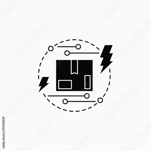 A creative smart bundle icon representing a high-tech delivery system. The black package with circular digital patterns, surrounded by dotted lines and lightning bolts, symbolizes speed, innovationsma