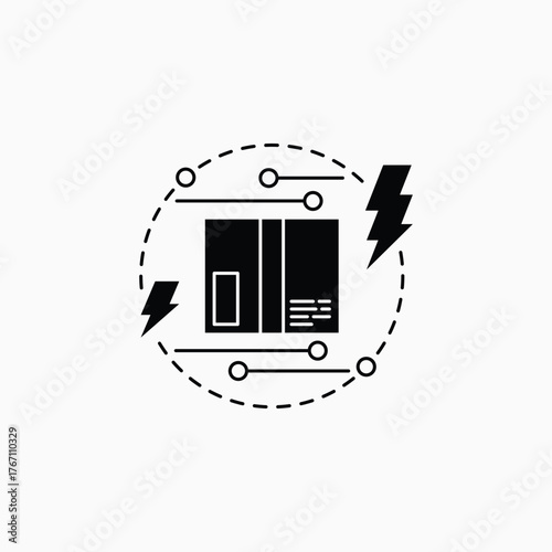 A creative smart bundle icon representing a high-tech delivery system. The black package with circular digital patterns, surrounded by dotted lines and lightning bolts, symbolizes speed, innovationsma