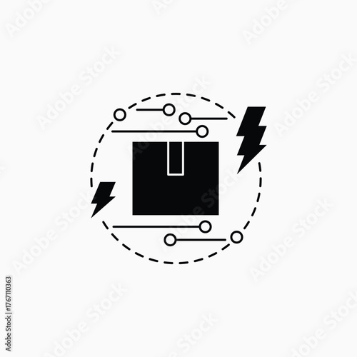 A creative smart bundle icon representing a high-tech delivery system. The black package with circular digital patterns, surrounded by dotted lines and lightning bolts, symbolizes speed, innovationsma