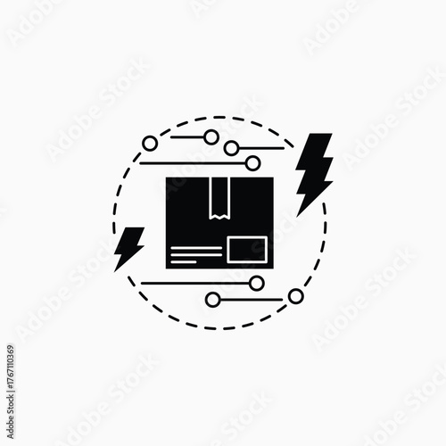 A creative smart bundle icon representing a high-tech delivery system. The black package with circular digital patterns, surrounded by dotted lines and lightning bolts, symbolizes speed, innovationsma