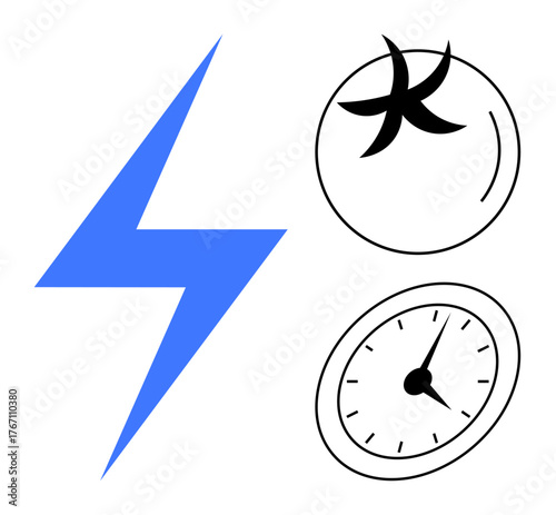 Blue lightning bolt, circular fan, and clock face with black outlines represent energy, technology, and time. Ideal for innovation, speed, sustainability, time management efficiency power
