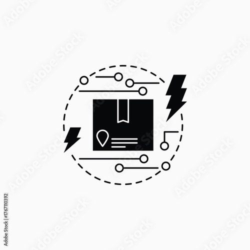 A creative smart bundle icon representing a high-tech delivery system. The black package with circular digital patterns, surrounded by dotted lines and lightning bolts, symbolizes speed, innovationsma