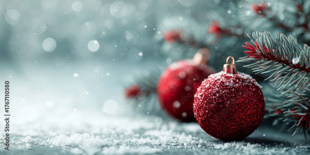 Obraz premium Decorative red Christmas ornaments resting on a snowy surface near a pine tree