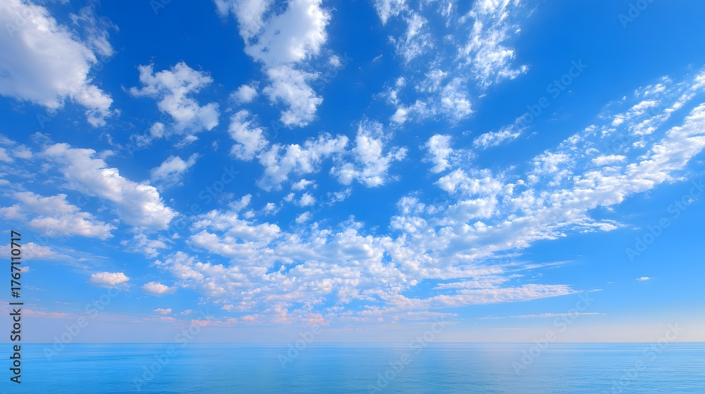 Fototapeta premium Bright blue sky with scattered white clouds extends over a calm blue ocean surface