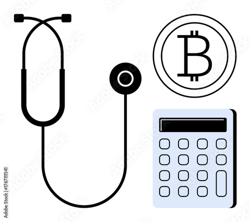 Stethoscope beside Bitcoin symbol and calculator, blending healthcare, digital finance, and economic analysis. Ideal for medical finance, cryptocurrency, healthcare budgeting, fintech, economic