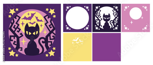 Layered paper cut Halloween design with black cat and moon. 3D shadow box or tunnel card. Vector template for paper cutting