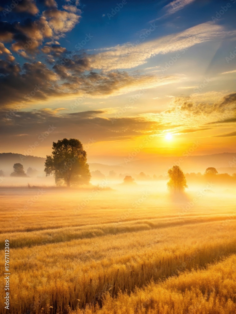 Fototapeta premium Misty Sunrise over Golden Field