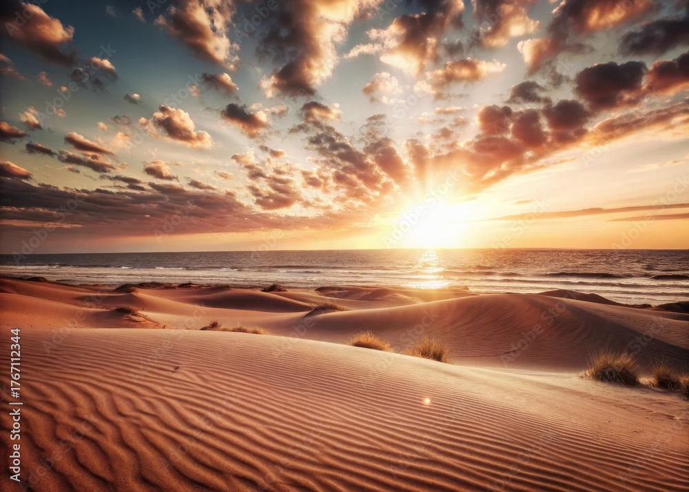 Naklejka premium Desert Sunrise Over Sand Dunes and Ocean Horizon