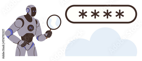 AI robot examining password security with magnifying glass beside cloud element. Ideal for cybersecurity, authentication, AI, technology, cloud computing, encryption, privacy. A simple flat metaphor