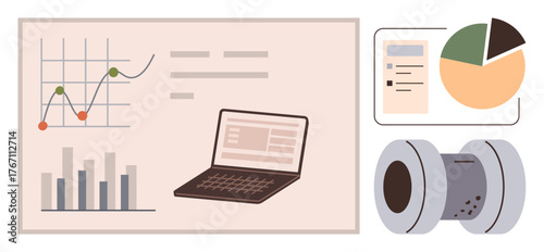 Bar graph, line chart, pie chart, analysis data on laptop, electric coil. Ideal for technology, business, analytics productivity research electrical engineering innovation. Simple flat metaphor