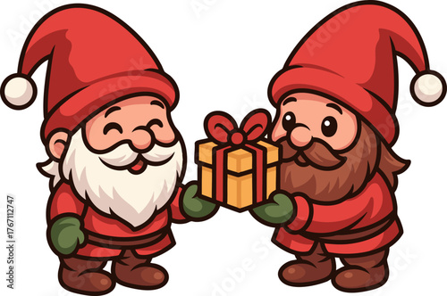 Cute kawaii-style gnomes wearing red hats and holding gifts. Perfect for Christmas and holiday-themed designs