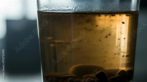A close-up shot of a glass filled with brownish liquid, possibly tea, with sediment