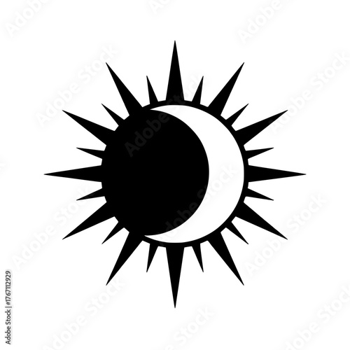 Mysterious crescent moon eclipsing a stylized, radiant sun icon