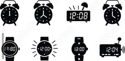 Black alarm clock icon set, digital and analog time symbols, smartwatch and timer design, modern flat vector illustration collection