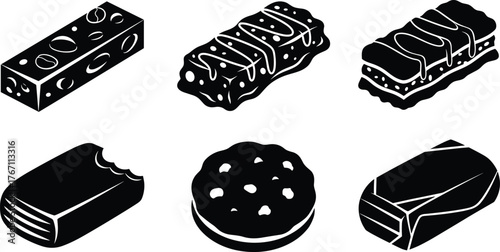 Black and white chocolate bars, candy snacks, protein bars, cookies, and sweet treats illustration for dessert design and packaging concept