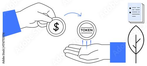 Exchanging dollar coin for token in hands, document, leaf, arrow. Ideal for finance, ecology, sustainability, trade crypto investment reward systems. A clean flat metaphor