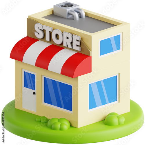 Professionally rendered 3D icon pack of storefronts, ideal for e-commerce, online stores, retail business, and digital shopping visuals.