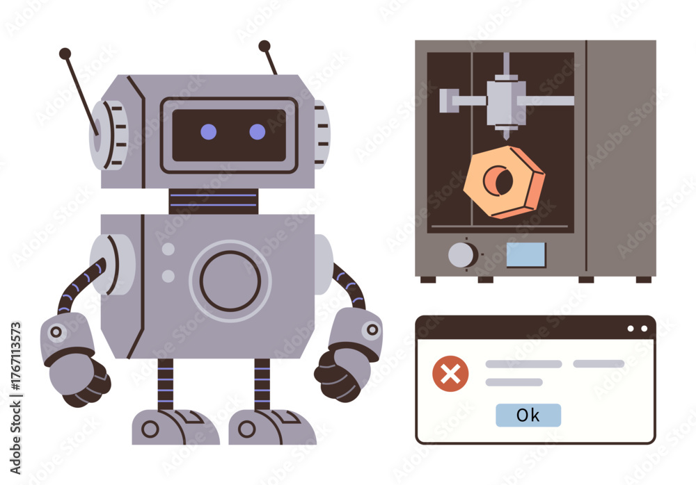 Fototapeta premium Robot next to 3D printer crafting an object, accompanied by an error message window. Ideal for innovation, robotics, 3D printing, artificial intelligence, troubleshooting, tech development