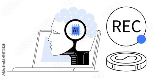 Human mind with AI chip overlay, laptop screen backdrop, recording button, and coin. Ideal for technology, AI development, innovation, automation data analytics creativity digital concepts. Simple