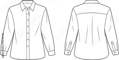 Classic long sleeve button up shirt technical flat sketch, elegant blouse fashion design illustration, front and back view clothing template
