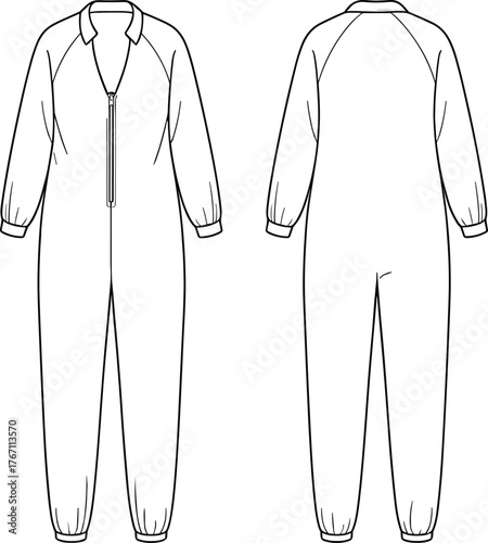 Coverall technical sketch, fashion illustration front back view, central zipper, raglan sleeves, elastic cuffs, garment design, apparel template, clothing construction