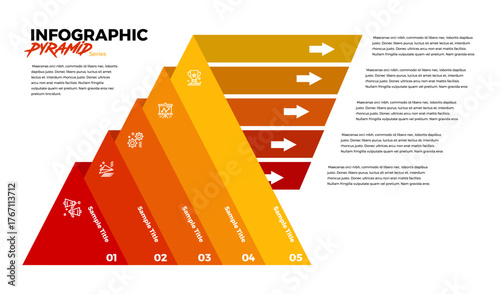 Modern pyramid infographic with 5 visual arrow options for corporate business reports, websites, posters, annual reports, and more. Vector EPS