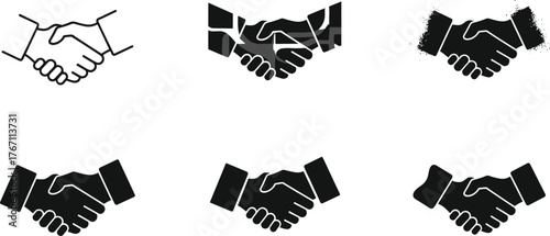 Handshake icon collection, business partnership symbol, teamwork agreement concept, vector illustration, black and white handshake design for corporate branding