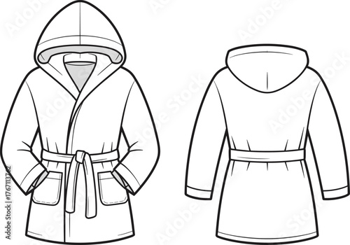 Hooded bathrobe technical sketch, fashion illustration front back view, garment design, apparel template, robe drawing, clothing construction details