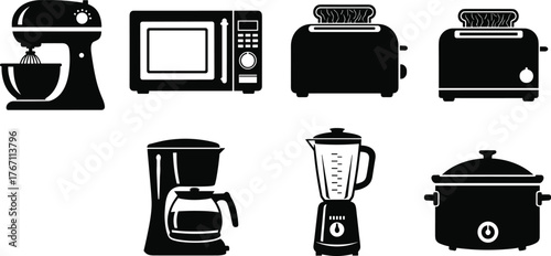 Kitchen appliance icon set, home cooking equipment, black silhouette collection of blender, toaster, microwave, coffee maker, mixer, cooker