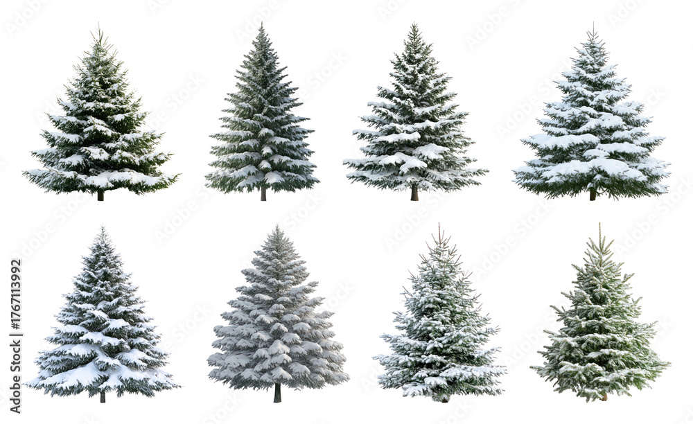 Obraz premium PNG Snow-covered evergreen trees collection, element set on transparent background