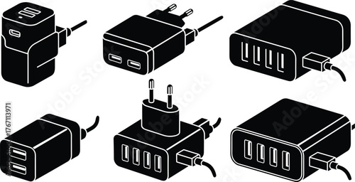 Modern USB wall chargers collection, multi-port power adapters, fast charging devices, black silhouette design, electronic accessories illustration, technology equipment concept