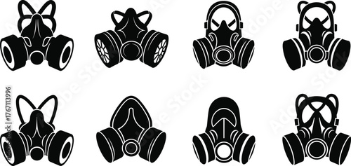 Protective gas mask, respirator silhouette, industrial safety equipment, black and white vector illustration, toxic protection, chemical filter, dust mask design