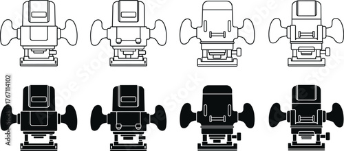 Set of electric wood router icons, power tool silhouettes and outlines, woodworking machine, carpenter equipment, construction and repair vector illustration