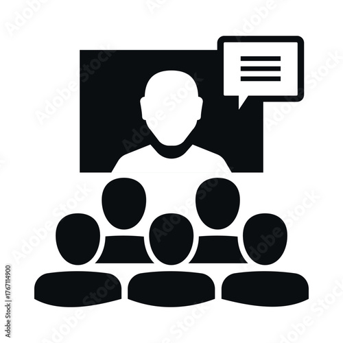 Professional online presentation icon depicting a speaker and audience engaged in virtual communication