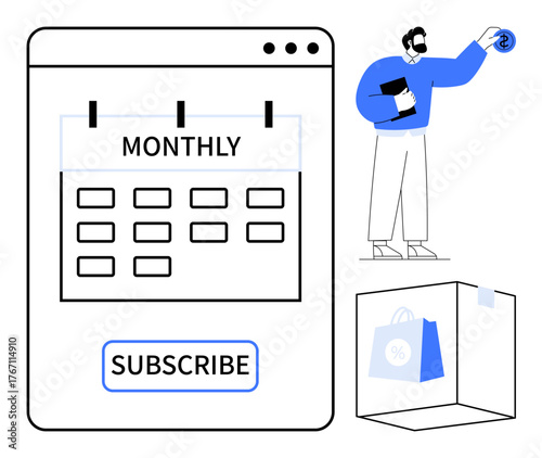 Calendar with monthly subscription button, person adding payment, and delivery box with shopping bag. Ideal for e-commerce, subscription model, budgeting, logistics, retail, savings simple flat
