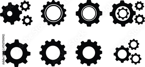 PrintCollection of black gear icons, mechanical settings, engineering symbols, industrial cogwheel design, and system configuration vector illustration isolated on white