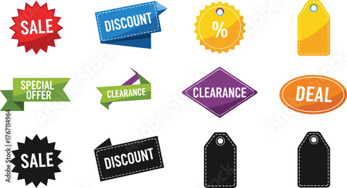 Colorful sale tags, discount labels, promotional icons, retail marketing signs, clearance badges, special offer stickers, vector design elements, isolated