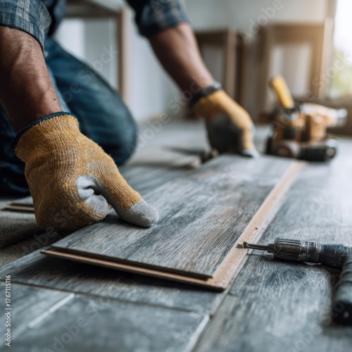 Close-up of Asian carpenter hands wearing gloves laying laminate flooring on a wooden base. Focus on precision and texture. Modern interior. Renovation tools nearby.