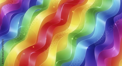 Vibrant Rainbow Wavy Abstract Background with Glossy Translucent Stripes and Shimmering Light Effects